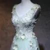 Elegant Sage Green Prom Dresses 2018 A-Line / Princess V-Neck Sleeveless Butterfly Appliques Lace Beading Floor-Length / Long Ruffle Backless Formal Dresses