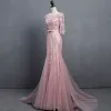 Stunning Blushing Pink Evening Dresses  2018 Trumpet / Mermaid Scoop Neck 1/2 Sleeves Appliques Flower Sequins Beading Bow Sash Court Train Ruffle Backless Formal Dresses