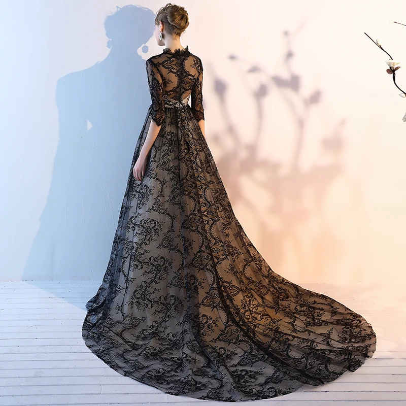 knee length dresses for ladies Elegant Lace Black Evening Dress with Gloves SF017