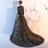 Modest / Simple Black Lace Evening Dresses  2018 A-Line / Princess Scoop Neck 1/2 Sleeves Chapel Train Ruffle Pierced Formal Dresses