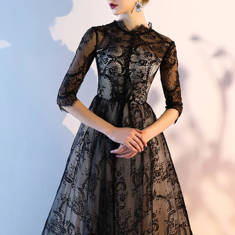 Modest Simple Black Lace Evening Dresses 2018 A Line Princess Scoop Neck 1  2 Sleeves Chapel Train Ruffle Pierced Formal Dresses