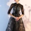 Modest / Simple Black Lace Evening Dresses  2018 A-Line / Princess Scoop Neck 1/2 Sleeves Chapel Train Ruffle Pierced Formal Dresses