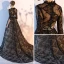 Modest / Simple Black Lace Evening Dresses  2018 A-Line / Princess Scoop Neck 1/2 Sleeves Chapel Train Ruffle Pierced Formal Dresses