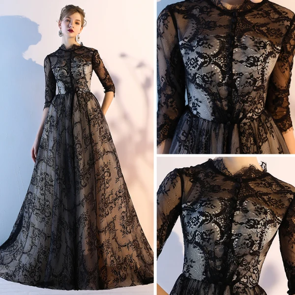 Modest / Simple Black Lace Evening Dresses 2018 A-Line / Princess Scoop Neck 1/2 Sleeves Chapel Train Ruffle Pierced Formal Dresses