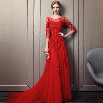 Eleganta Röd Aftonklänningar 2018 Prinsessa Fyrkantig Ringning 3 4 Ärm Appliqués Blomma Beading Paljetter Chapel Train Ruffle Halterneck Formella Klänningar
