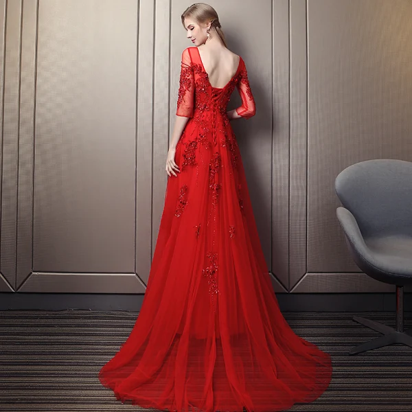 Élégant Rouge Robe De Soirée 2018 Princesse Encolure Carrée 3/4 Manches Appliques Fleur Perlage Paillettes Chapel Train Volants Dos Nu Robe De Ceremonie