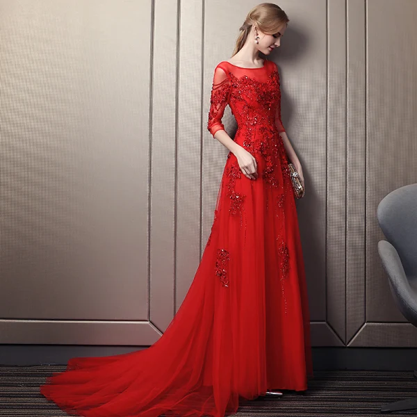 Élégant Rouge Robe De Soirée 2018 Princesse Encolure Carrée 3/4 Manches Appliques Fleur Perlage Paillettes Chapel Train Volants Dos Nu Robe De Ceremonie