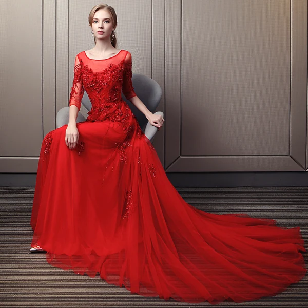 Élégant Rouge Robe De Soirée 2018 Princesse Encolure Carrée 3/4 Manches Appliques Fleur Perlage Paillettes Chapel Train Volants Dos Nu Robe De Ceremonie