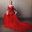 Élégant Rouge Robe De Soirée 2018 Princesse Encolure Carrée 3/4 Manches Appliques Fleur Perlage Paillettes Chapel Train Volants Dos Nu Robe De Ceremonie