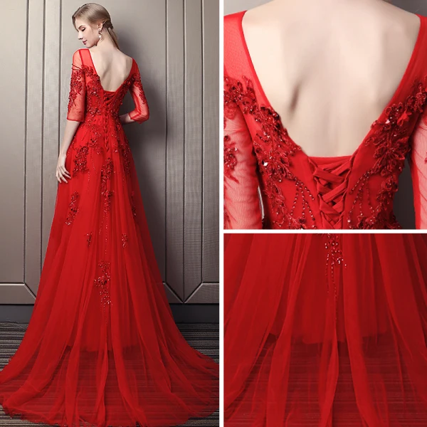Élégant Rouge Robe De Soirée 2018 Princesse Encolure Carrée 3/4 Manches Appliques Fleur Perlage Paillettes Chapel Train Volants Dos Nu Robe De Ceremonie