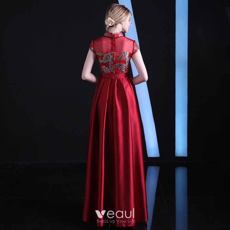 Chinese style Burgundy Evening Dresses 2018 Empire High Neck Cap