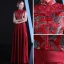 Chinese style Burgundy Evening Dresses  2018 Empire High Neck Cap Sleeves Embroidered Appliques Lace Rhinestone Sash Floor-Length / Long Ruffle Formal Dresses