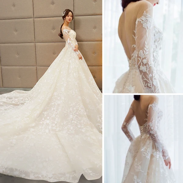 Étourdissant Champagne Percé Robe De Mariée 2018 Robe Boule Encolure Dégagée Manches Longues Dos Nu Appliques En Dentelle Royal Train Volants