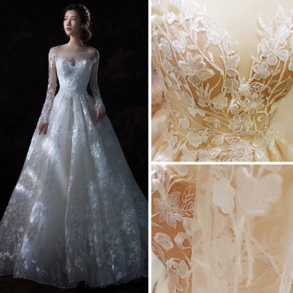 Étourdissant Champagne Percé Robe De Mariée 2018 Robe Boule Encolure Dégagée Manches Longues Dos Nu Appliques En Dentelle Royal Train Volants