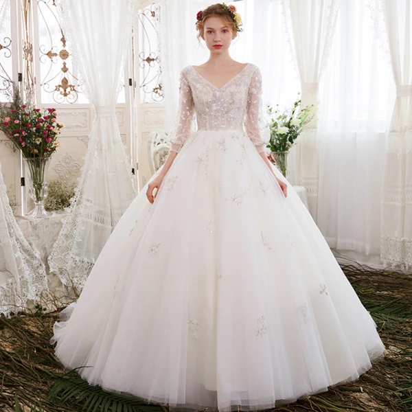 Chic / Beautiful Ivory Wedding Dresses 2018 Ball Gown V-Neck 3/4 Sleeve Backless Star Pearl Chapel Train Ruffle