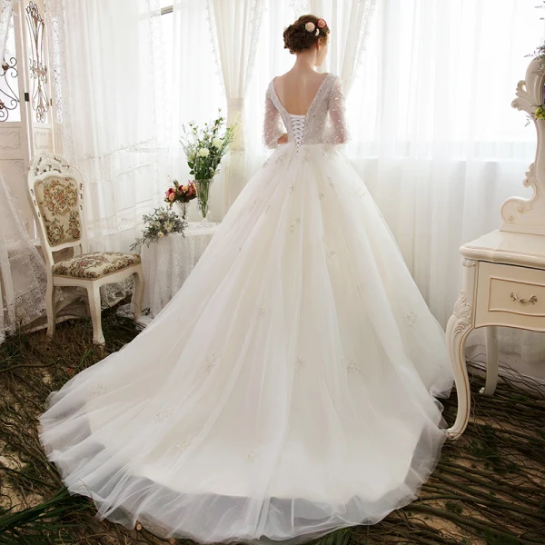 Chic / Beautiful Ivory Wedding Dresses 2018 Ball Gown V-Neck 3/4 Sleeve Backless Star Pearl Chapel Train Ruffle
