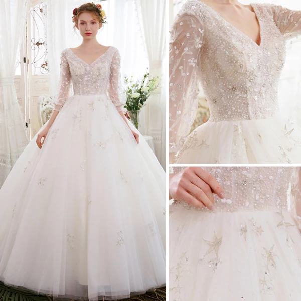 Chic / Beautiful Ivory Wedding Dresses 2018 Ball Gown V-Neck 3/4 Sleeve Backless Star Pearl Chapel Train Ruffle