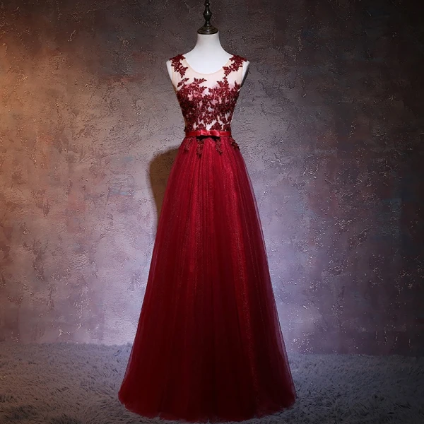 Illusion Burgundy Pierced Evening Dresses 2018 A-Line / Princess Scoop Neck Sleeveless Beading Bow Sash Floor-Length / Long Ruffle Backless Formal Dresses