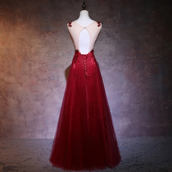 Illusion Burgundy Pierced Evening Dresses 2018 A-Line / Princess Scoop Neck Sleeveless Beading Bow Sash Floor-Length / Long Ruffle Backless Formal Dresses