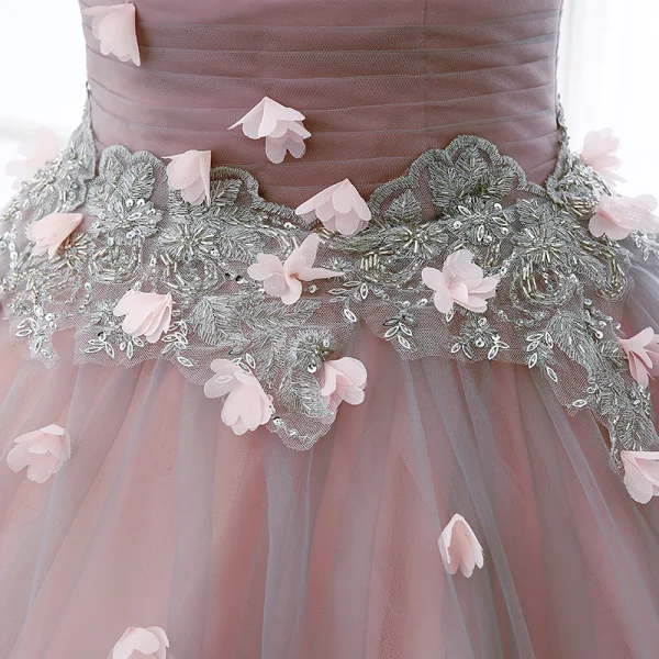 Chic / Belle Robe De Bal 2017 Paillettes En Dentelle Appliques Perlage Faux Diamant De l'épaule Manches Courtes Dos Nu Longue Perle Rose Robe Boule