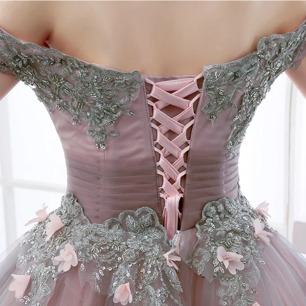 Chic / Belle Robe De Bal 2017 Paillettes En Dentelle Appliques Perlage Faux Diamant De l'épaule Manches Courtes Dos Nu Longue Perle Rose Robe Boule