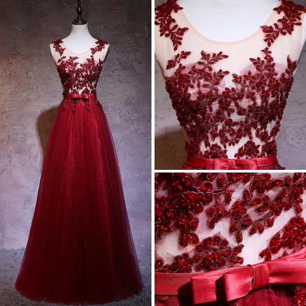 Illusion Burgundy Pierced Evening Dresses 2018 A-Line / Princess Scoop Neck Sleeveless Beading Bow Sash Floor-Length / Long Ruffle Backless Formal Dresses