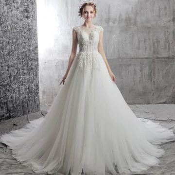 Élégant Ivoire Robe De Mariée 2018 Princesse Encolure Dégagée Mancherons Appliques Dos Nu Fleur Paillettes Perlage Chapel Train Volants