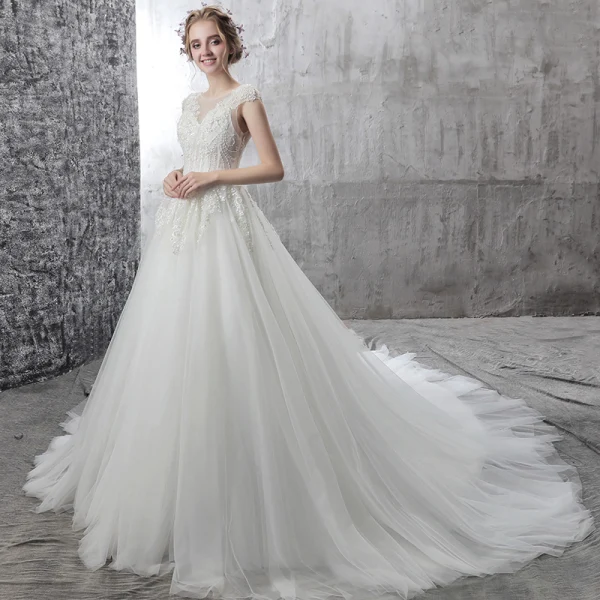 Elegant Ivory Wedding Dresses 2018 A-Line / Princess Scoop Neck Cap Sleeves Appliques Backless Flower Sequins Beading Chapel Train Ruffle