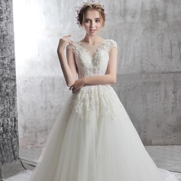 Elegant Ivory Wedding Dresses 2018 A-Line / Princess Scoop Neck Cap Sleeves Appliques Backless Flower Sequins Beading Chapel Train Ruffle
