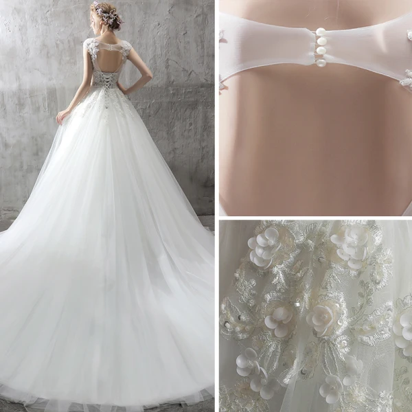 Elegant Ivory Wedding Dresses 2018 A-Line / Princess Scoop Neck Cap Sleeves Appliques Backless Flower Sequins Beading Chapel Train Ruffle