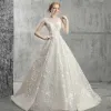 Modern / Fashion Champagne Pierced Wedding Dresses 2018 Ball Gown Scoop Neck Backless Cap Sleeves Appliques Lace Pearl Beading Chapel Train