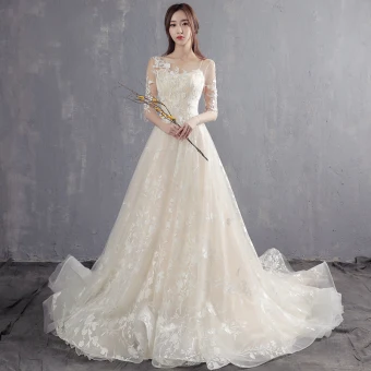 Elegant Champagne Pierced Wedding Dresses 2018 A Line Princess Scoop Neck 1 2 Sleeves Appliques Lace Pearl Ruffle Court Train
