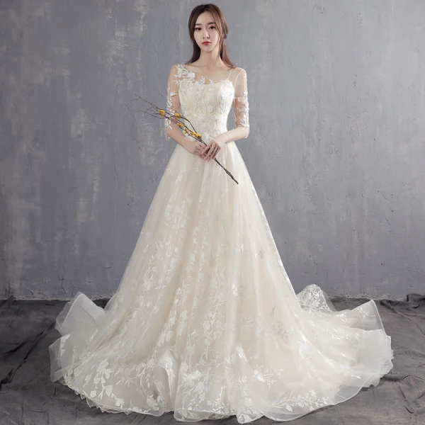 Elegant Champagne Pierced Wedding Dresses 2018 A-Line / Princess Scoop Neck 1/2 Sleeves Appliques Lace Pearl Ruffle Court Train