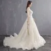 Elegant Champagne Pierced Wedding Dresses 2018 A-Line / Princess Scoop Neck 1/2 Sleeves Appliques Lace Pearl Ruffle Court Train