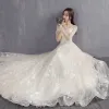 Elegant Champagne Pierced Wedding Dresses 2018 A-Line / Princess Scoop Neck 1/2 Sleeves Appliques Lace Pearl Ruffle Court Train