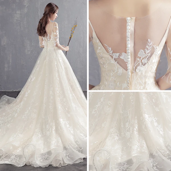 Elegant Champagne Pierced Wedding Dresses 2018 A-Line / Princess Scoop Neck 1/2 Sleeves Appliques Lace Pearl Ruffle Court Train