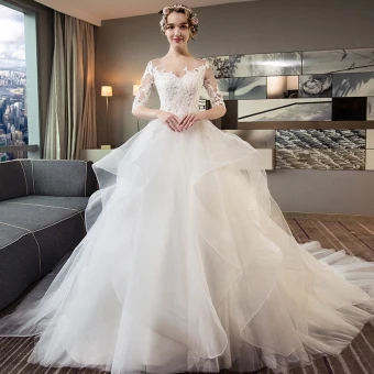 Chic Beautiful Ivory Pierced Wedding Dresses 2018 Ball Gown Scoop Neck 1 2 Sleeves Backless Appliques Lace Cascading Ruffles Cathedral Train