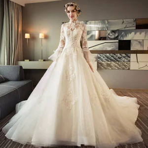 Chinese Style Ivory Pierced Wedding Dresses 2018 Ball Gown High Neck Long Sleeve Backless Appliques Lace Beading Glitter Tulle Ruffle Royal Train