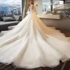 Chinese style Ivory Pierced Wedding Dresses 2018 Ball Gown High Neck Long Sleeve Backless Appliques Lace Beading Glitter Tulle Ruffle Royal Train