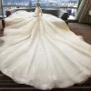 Chinese style Ivory Pierced Wedding Dresses 2018 Ball Gown High Neck Long Sleeve Backless Appliques Lace Beading Glitter Tulle Ruffle Royal Train