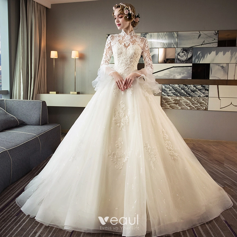 Chinese style Ivory Pierced Wedding Dresses 2018 Ball Gown High