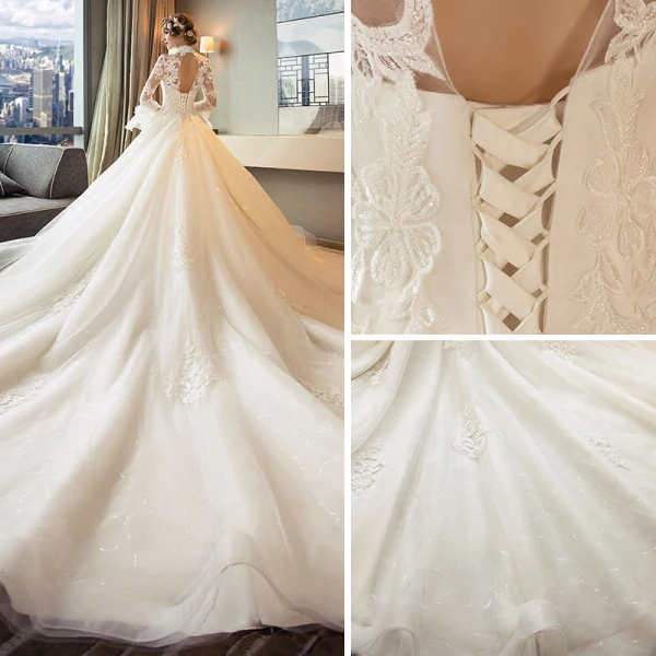 Chinesischer Stil Ivory / Creme Durchbohrt Brautkleider 2018 Ballkleid Stehkragen Lange Ärmel Rückenfreies Applikationen Mit Spitze Perlenstickerei Glanz Tülle Rüschen Königliche Schleppe