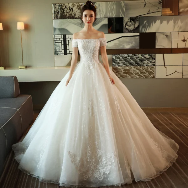 Modest / Simple Ivory Wedding Dresses 2018 Ball Gown Off-The-Shoulder Short Sleeve Backless Appliques Lace Ruffle Royal Train