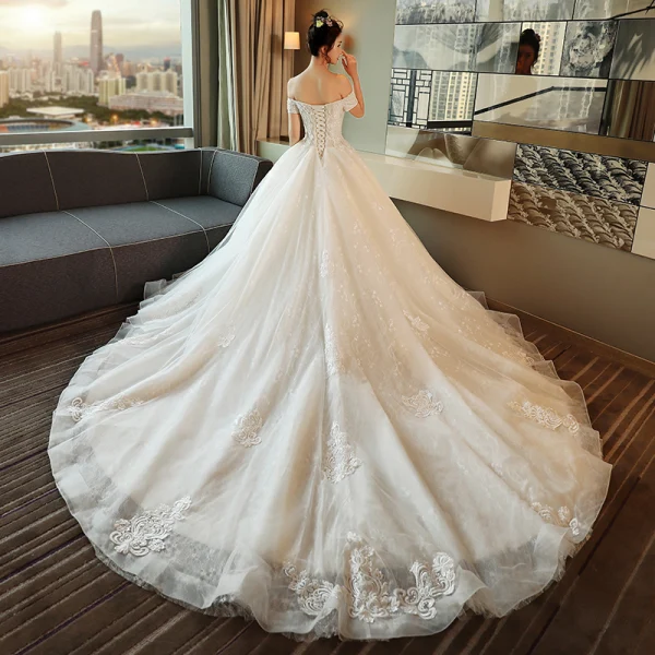 Modest / Simple Ivory Wedding Dresses 2018 Ball Gown Off-The-Shoulder Short Sleeve Backless Appliques Lace Ruffle Royal Train