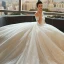 Modest / Simple Ivory Wedding Dresses 2018 Ball Gown Off-The-Shoulder Short Sleeve Backless Appliques Lace Ruffle Royal Train