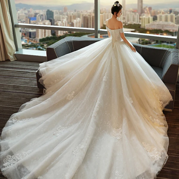 Modest / Simple Ivory Wedding Dresses 2018 Ball Gown Off-The-Shoulder Short Sleeve Backless Appliques Lace Ruffle Royal Train