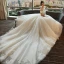 Modest / Simple Ivory Wedding Dresses 2018 Ball Gown Off-The-Shoulder Short Sleeve Backless Appliques Lace Ruffle Royal Train