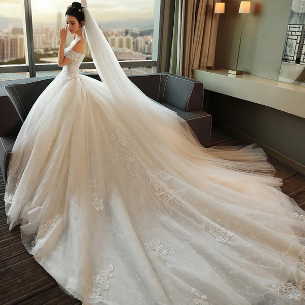 Modest / Simple Ivory Wedding Dresses 2018 Ball Gown Off-The-Shoulder Short Sleeve Backless Appliques Lace Ruffle Royal Train