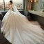 Modest / Simple Ivory Wedding Dresses 2018 Ball Gown Off-The-Shoulder Short Sleeve Backless Appliques Lace Ruffle Royal Train