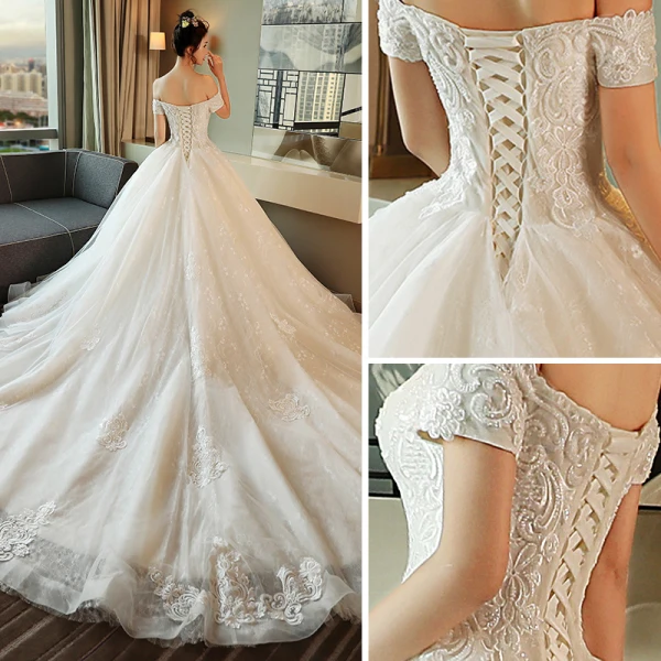 Modest / Simple Ivory Wedding Dresses 2018 Ball Gown Off-The-Shoulder Short Sleeve Backless Appliques Lace Ruffle Royal Train